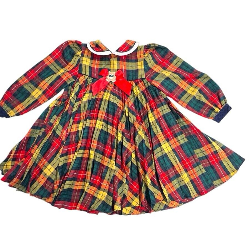 Vintage Baby Togs Kids Red Blue Gold‎ Plaid Dress Embroidered Teddy Bear